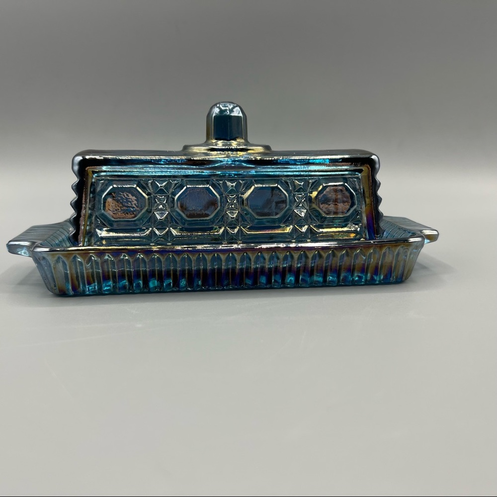 Vintage Indiana glass Company Blue Carnival Glass Windsor Butter Dish